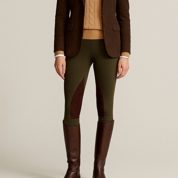 Polo Ralph Lauren Women’s Riding Leggings XS Olive Green with Suede Knee Patches - Picture 1 of 9